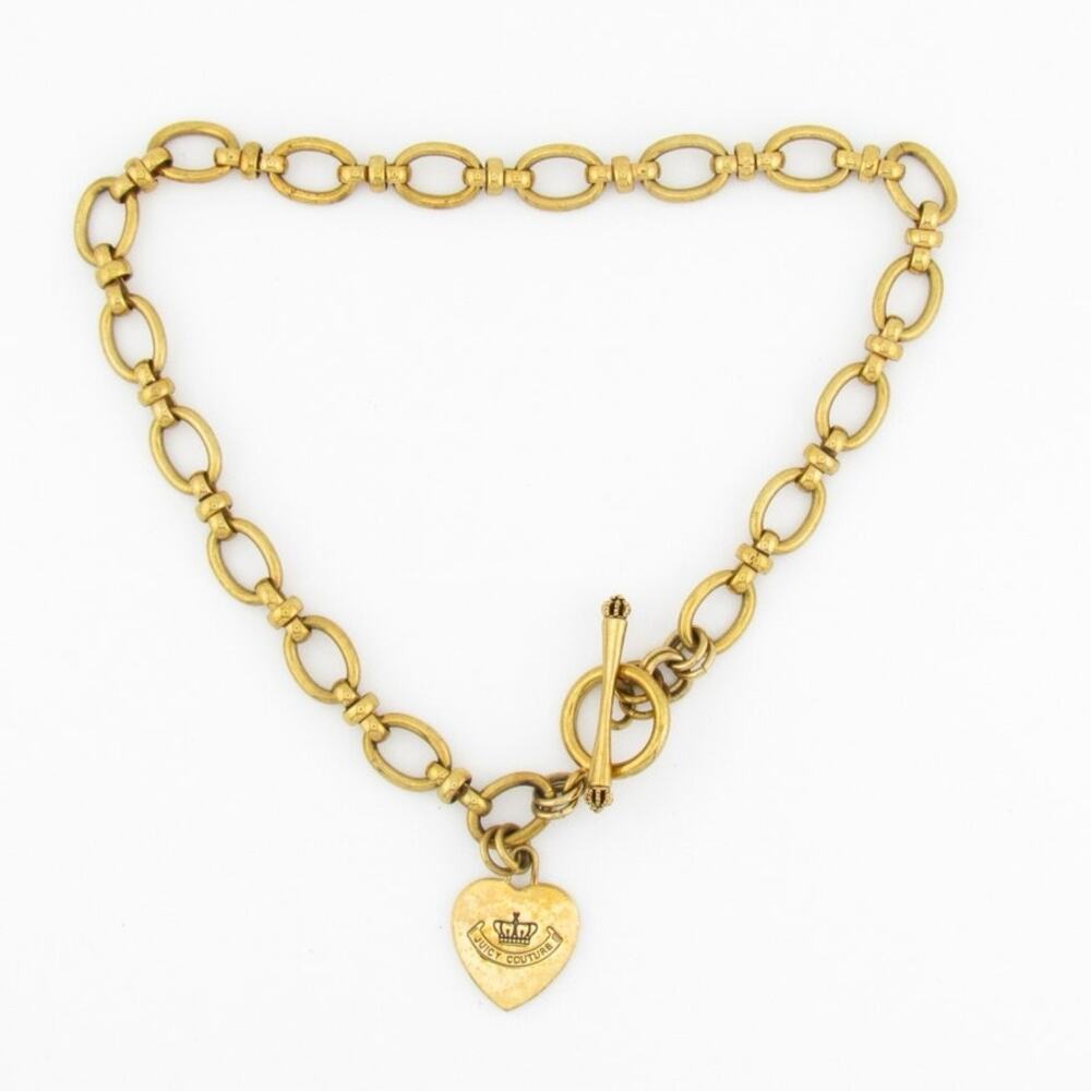 Juicy Couture Gold Tone Heart Charm Toggle Necklace Chunky Y2K Vintage